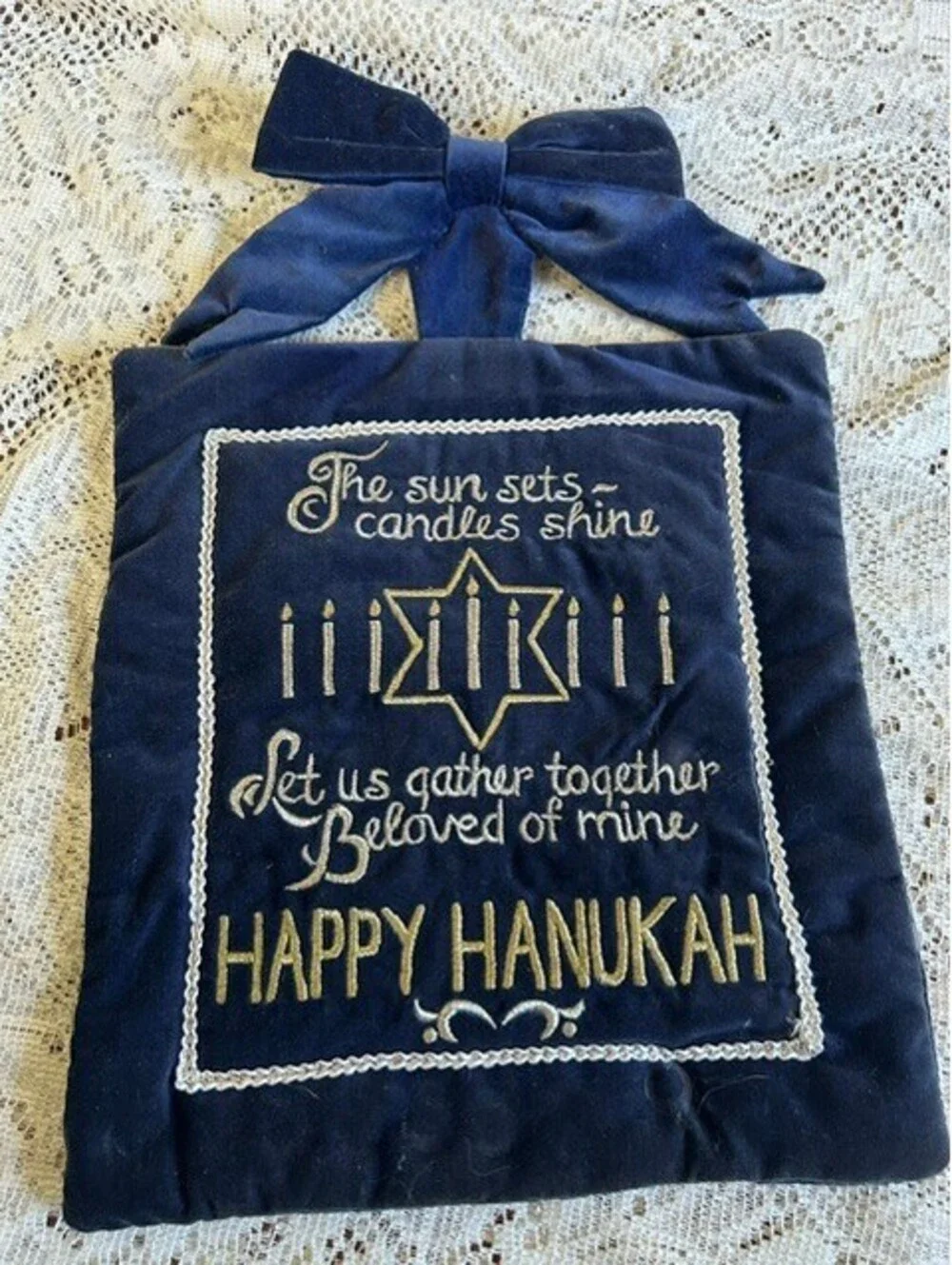 Handmade Velvet Hanukkah Wall Hanging with Embroidered Greeting